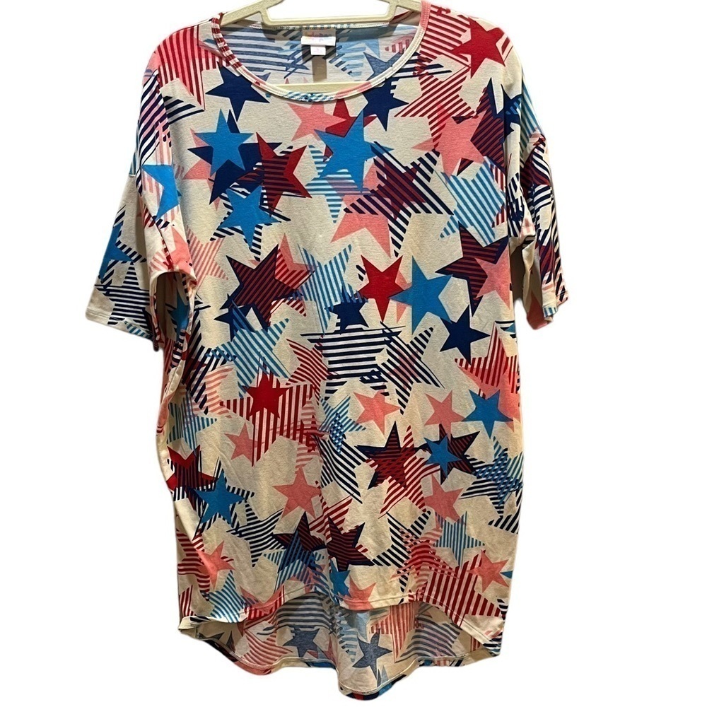 LuLaRoe July 4th Irma Oversized Cream Background Red & Blue Star Tunic Top